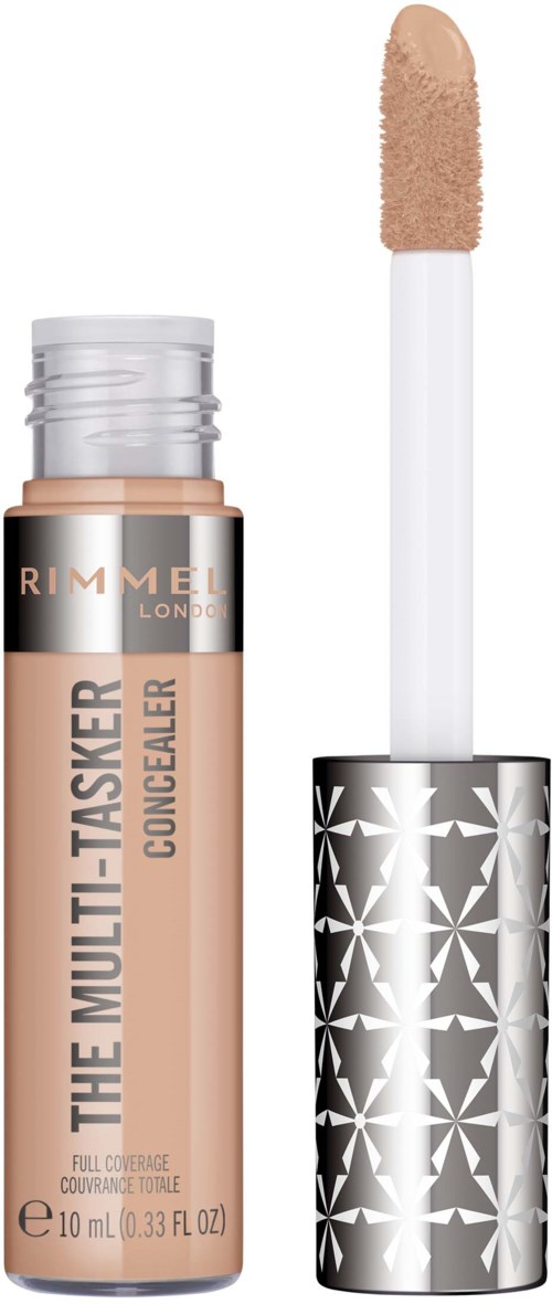 Rimmel London concealer bottle with applicator, silver patterned cap, beige liquid visible inside.