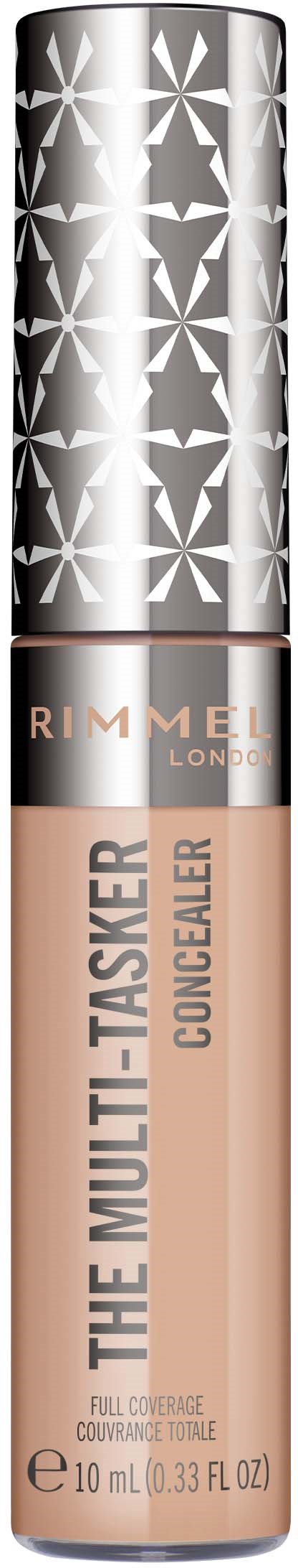 A concealer tube with a silver cap, Rimmel London branding, and beige liquid inside.
