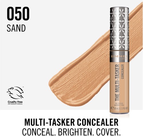 Concealer stick in sand shade, chart logo, and cruelty-free symbol with product description.