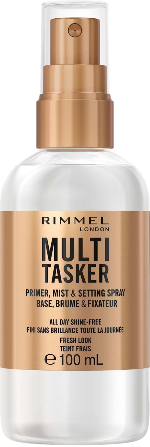 A clear spray bottle with a gold cap and label, containing Rimmel Multi Tasker primer, mist, and setting spray.