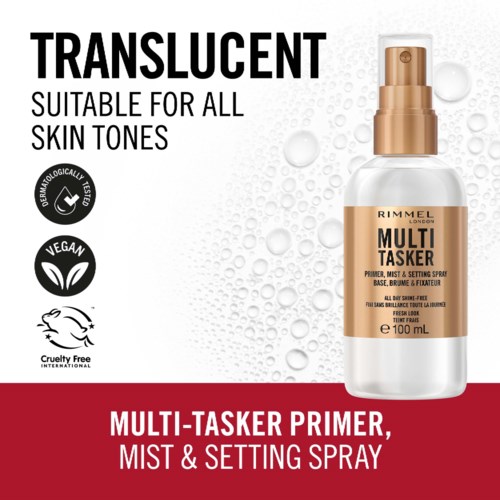 A white spray bottle labeled "Multi Tasker" for primer, mist, and setting spray, with symbols for cruelty-free, vegan, and dermatologist tested.