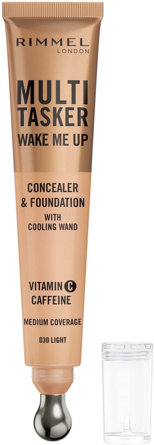 A beige tube of Rimmel Multi Tasker concealer and foundation with a cooling wand, labeled for medium coverage and light shade.