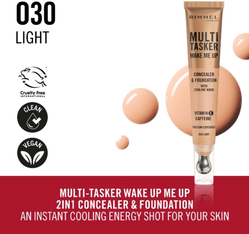 A tube of Rimmel Multi-Tasker Wake Up Me Up concealer and foundation with claims of being cruelty-free, vegan, and vegan.