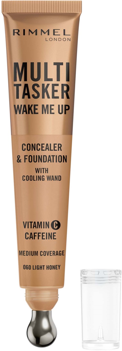 Tube of concealer and foundation with cooling wand, vitamin C, caffeine, honey, and medium coverage.