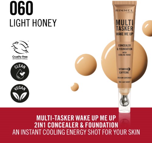 A tube of Rimmel's Multi-Tasker Wake Up concealer and foundation, with light honey shade. Bright design with product details.