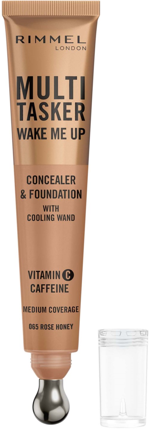 A beige tube of Rimmel London makeup concealer with a metal applicator, labeled 'Multi Tasker Wake Me Up' and a small transparent cap.