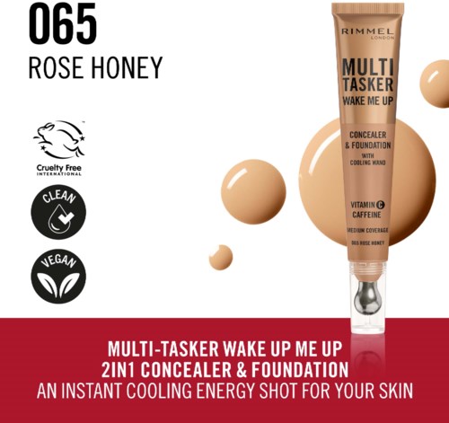 A tube of Rimmel Multi-Tasker Wake Up concealer and foundation with natural beige color, and icons for cruelty-free, vegan, and clean.