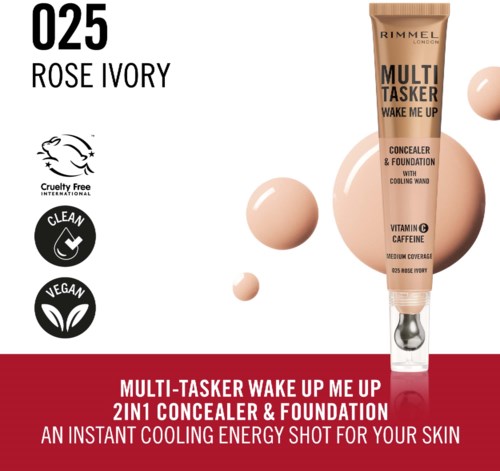 A tube of Rimmel Multi-Tasker Wake Up concealer and foundation with a pump nozzle, labeled as shade 025 Rose Ivory.
