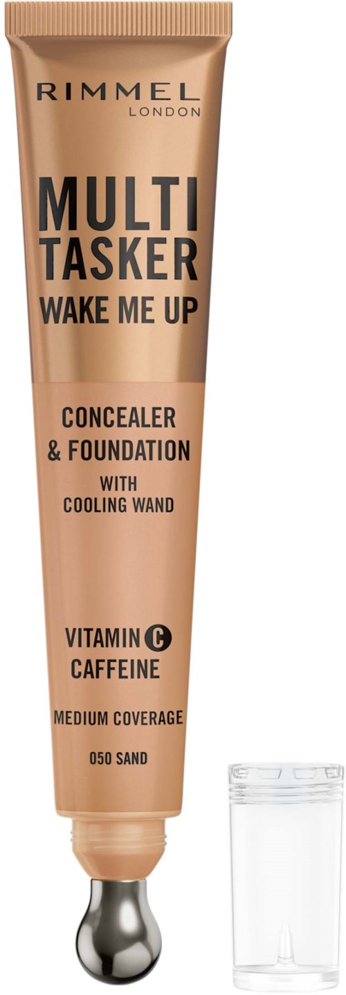 Tube of concealer and foundation with cooling wand, labeled Rimmel Multi Tasker, vitamin C, caffeine, medium coverage.