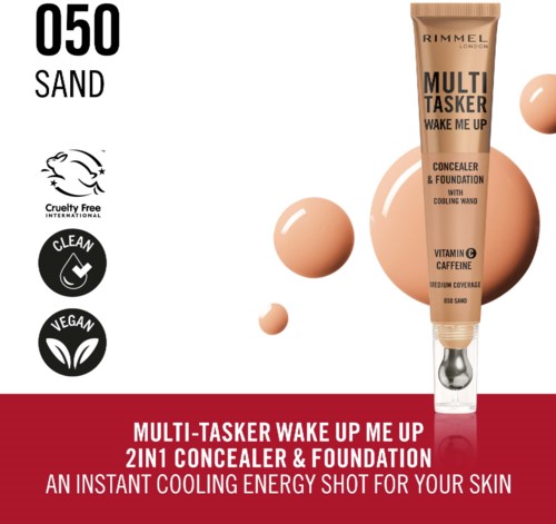 Rimmel Multi-Tasker Wake Up Make Up concealer and foundation with cooling effect, sun protection, and vegan, cruelty-free label.