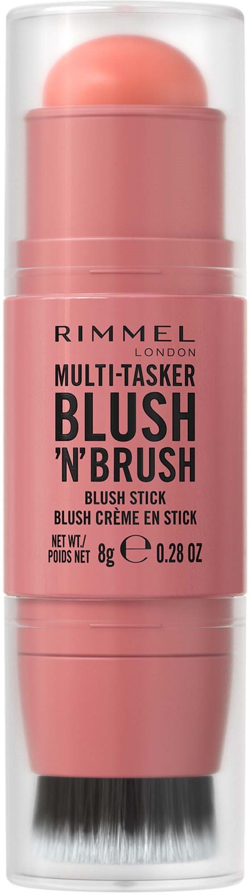 Pink blush stick with a brush, labeled Rimmel London Multi-Tasker Blush 'N' Brush.
