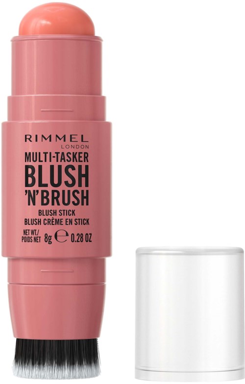 Pink multi-tasking blush stick with black brush, and a transparent cap next to it.
