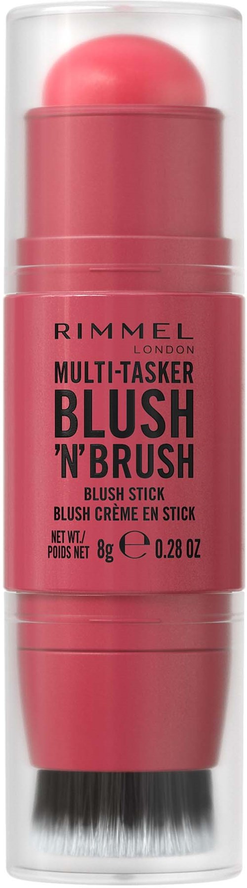 A pink makeup stick with a brush at the bottom and clear plastic cover on top.