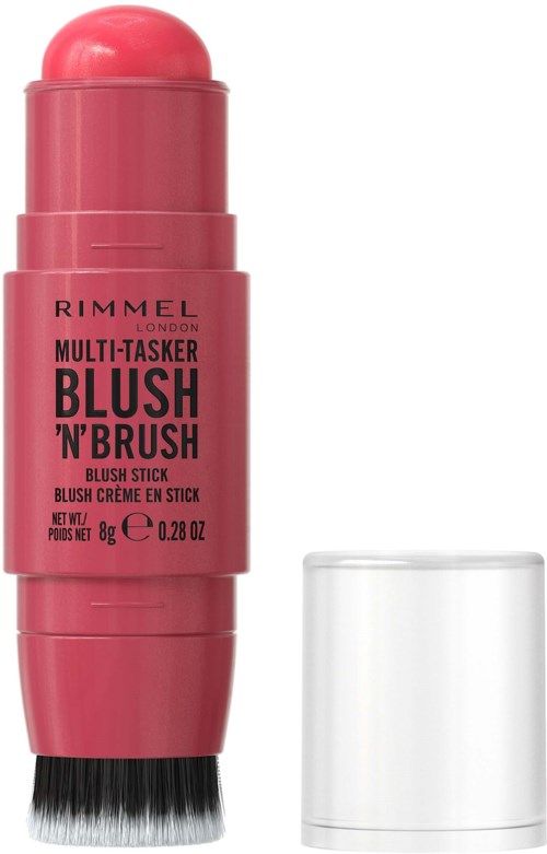 A pink makeup stick with a brush at the bottom and a clear cap.