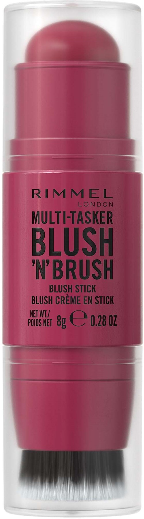 A pink makeup stick with a brush and a clear cap, labeled Rimmel blush and brush.