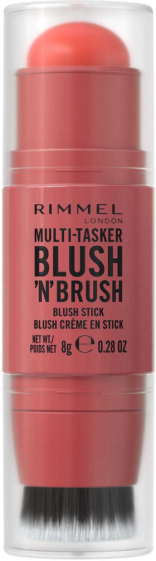 A pink blush stick with a black brush base and clear top cover, labeled Rimmel London Multi-Tasker Blush 'N' Brush.