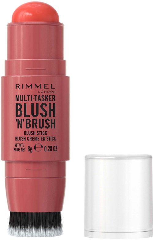 A pink blush stick with black brush at the bottom and a white cap beside it.