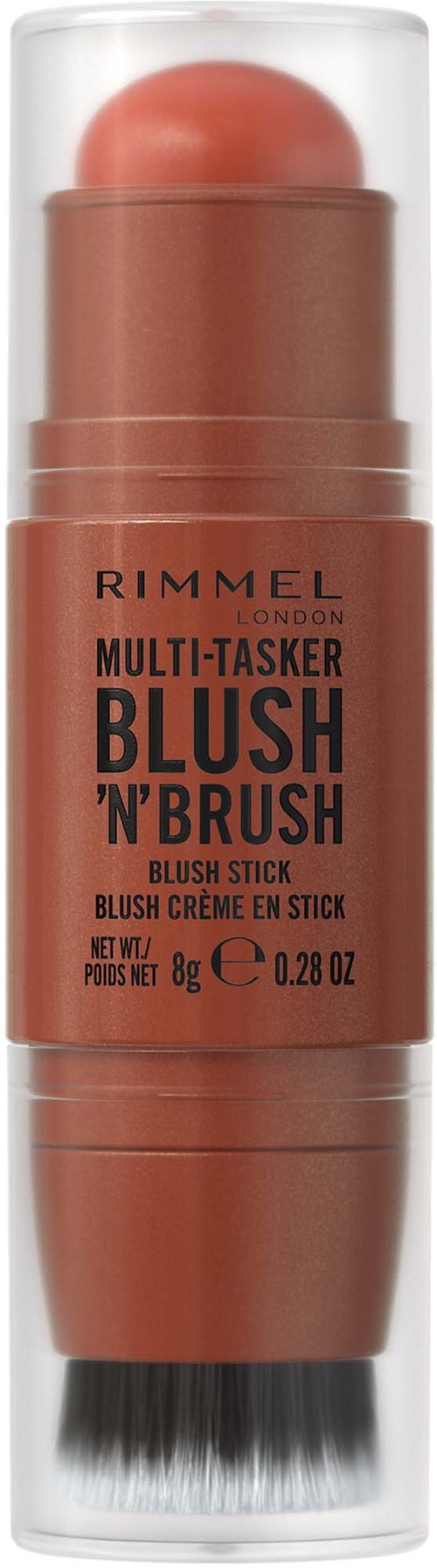 A makeup stick with a rounded blush and a black brush at the bottom in a clear case.