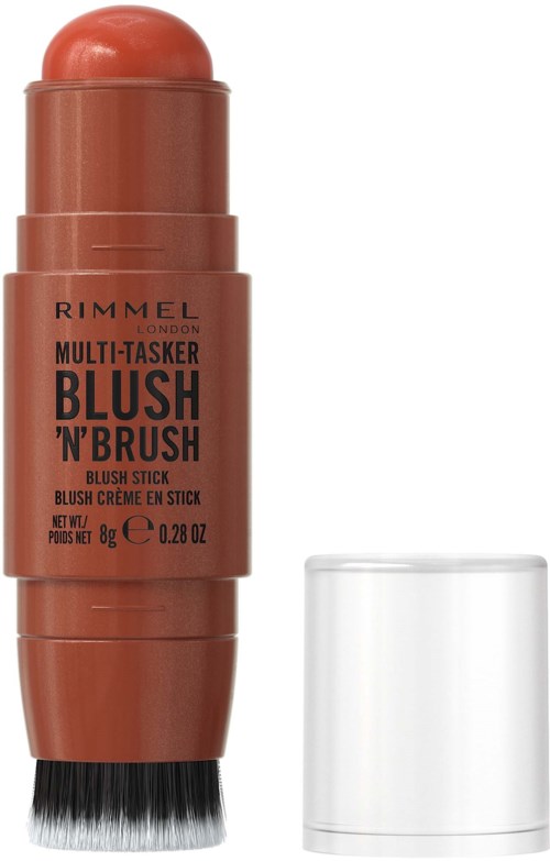 A lipstick-like makeup stick with black brush underneath, labeled Rimmel Multi-Tasker Blush 'n' Brush.