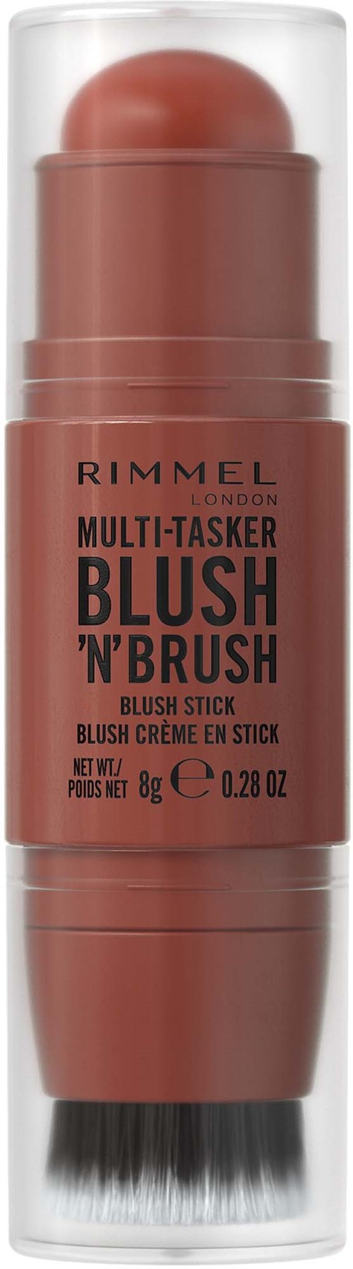 A lipstick product with a brush, labeled Rimmel London Blush 'N' Brush, in a clear tube.