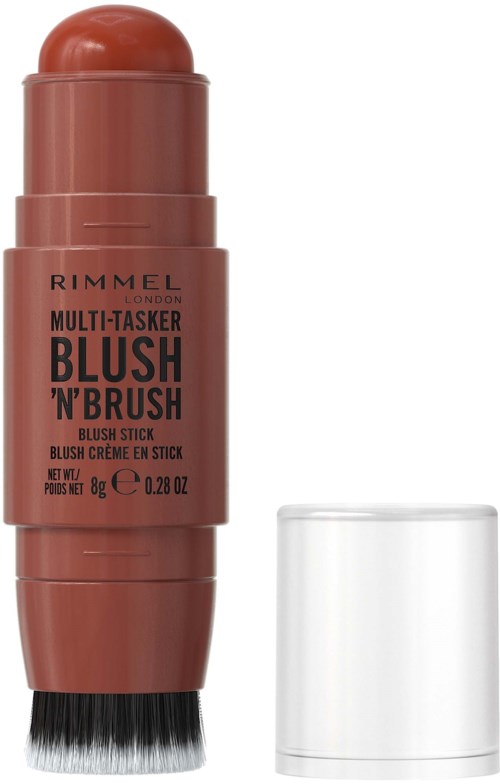 A makeup stick with a rounded top and a brush at the bottom, labeled Rimmel Multi-Tasker Blush 'n' Brush.