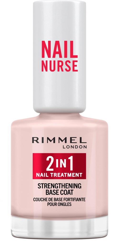 A nail treatment bottle with a white top labeled "Nail Nurse," and a pink base coat labeled "2 in 1 Nail Treatment."