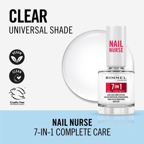 Nail treatment product named Nail Nurse, offers 7-in-1 care, including base coat, top coat, color protection, and strength.