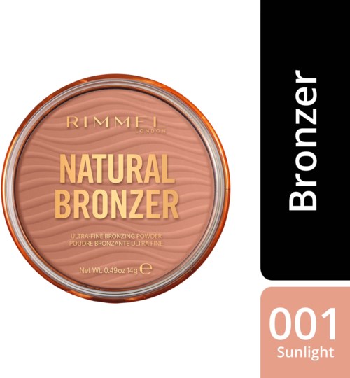 A container of Rimmel Natural Bronzer makeup with shade 001 Sunlight, featuring a round, peach-colored lid and black label.