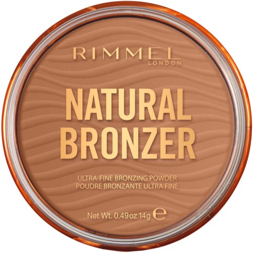 The Rimmel London Natural Bronzer packaging features a brown textured background with beige and gold text.