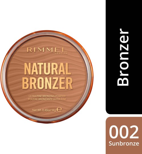 This is a container of Rimmel London Natural Bronzer with shade 002 Sunbronze. It is a powder makeup product.