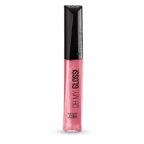 A pink lip gloss tube with a black cap, labeled "OH MY GLOSS!" and details about staying glossy.