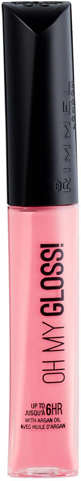 A pink lip gloss tube with a black cap, labeled "OH MY GLOSS!" and SPF 6 protection.