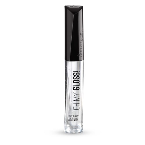 A clear lip gloss tube with a black cap, labeled 'OH MY GLOSS!', promises shine for up to six hours.