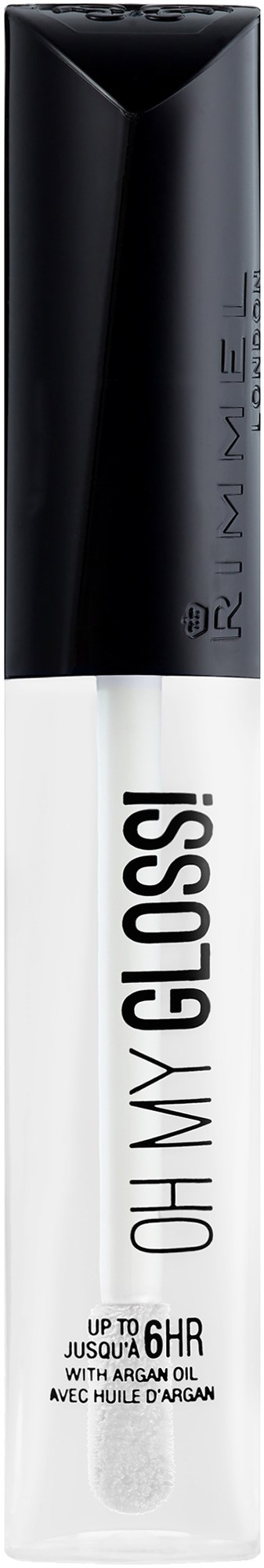 A lip gloss tube with a black cap, white body, and bold black text. It mentions up to 6 hours wear and argan oil.