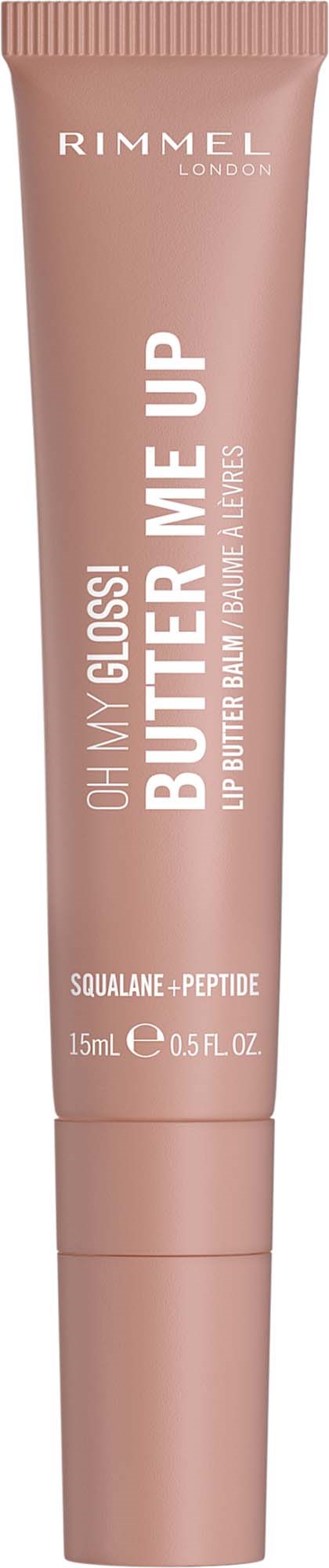 Läppglanstub i ljusrosa färg med vit text, märkt Rimmel London Oh My Gloss Butter Me Up.