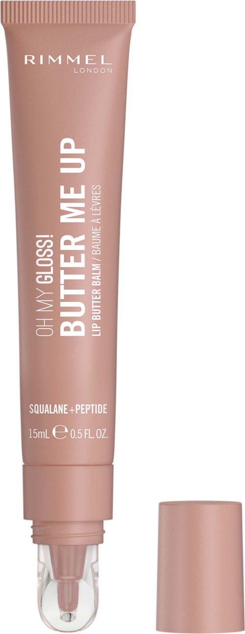Rimmel Bye Glosss läppglansrör med en tydlig applikator, ljusrosa förpackning och matchande topp.