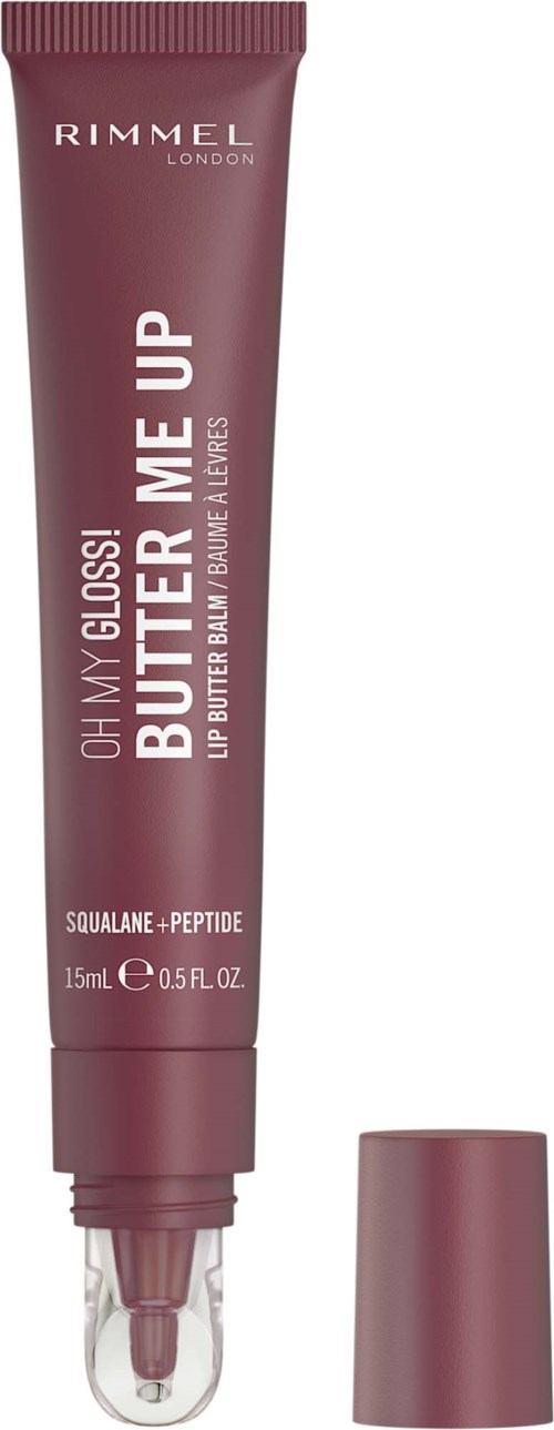 Läpprodukt från Rimmel London i tub med klart applicator och matchande lock.