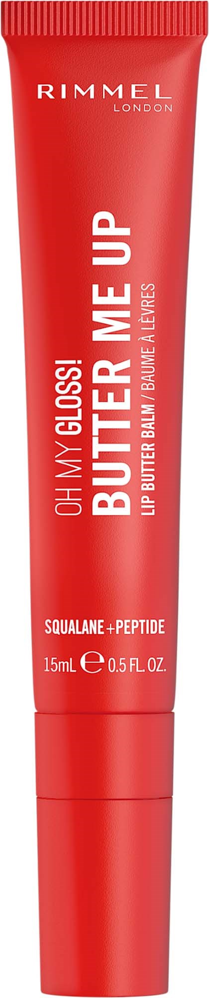 Röd tub med Rimmel läppbalsam märkt Oh My Gloss! Butter Me Up med ingredienser Squalane och Peptid.