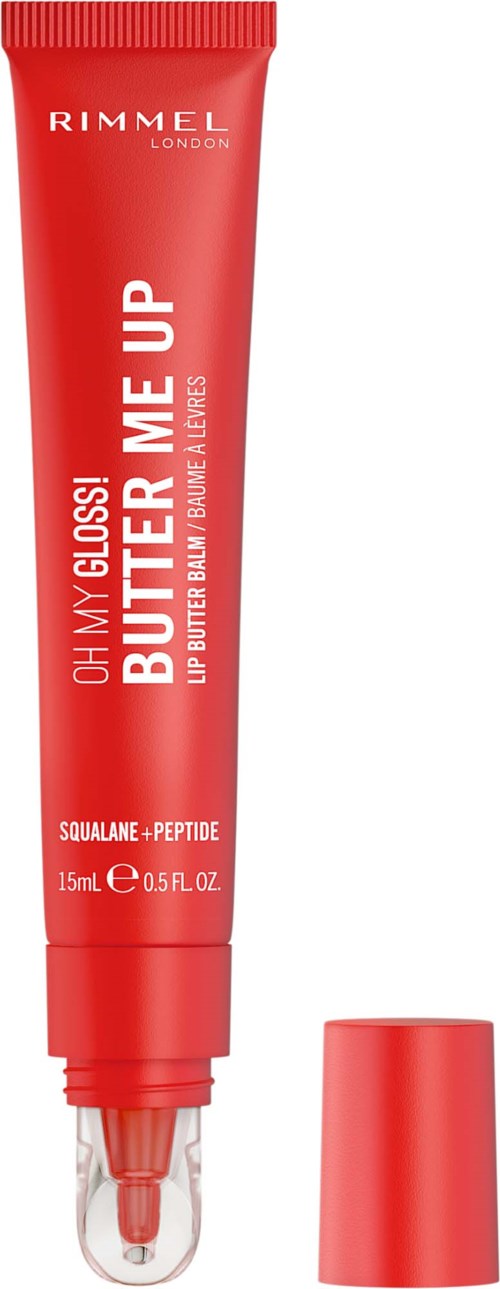 Röd tub med klar applikator, märkt Rimmel London och Boost Me Up för läppar, 15 ml.