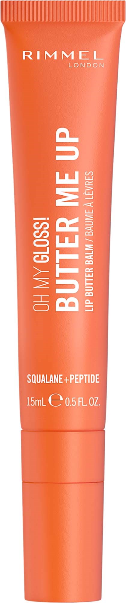 Orange tub med Rimmel London läppbalsam som heter Butter Me Up, innehåller squalane och peptider, 15 ml.