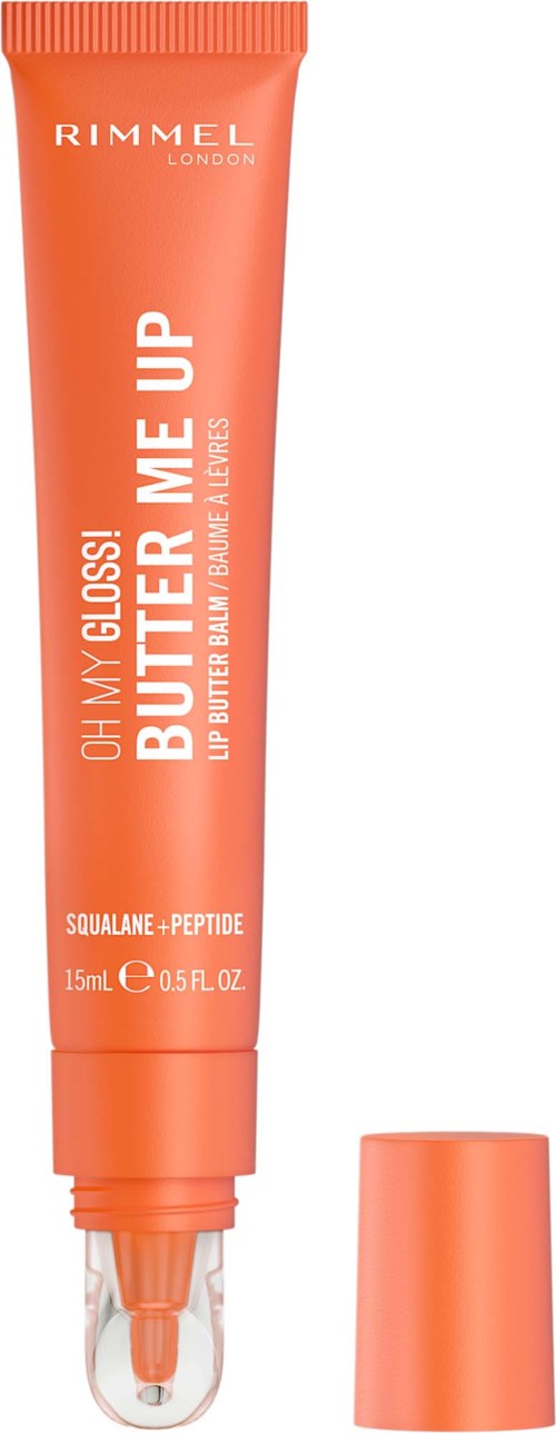 Orangerör av Rimmel London läppprimer med vit text och en klar appliceringsspets.