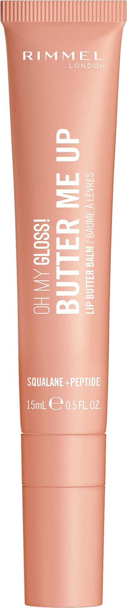 En persikfärgad tub med Rimmel läppglans som heter Butter Me Up, med vit och orange text och ring.