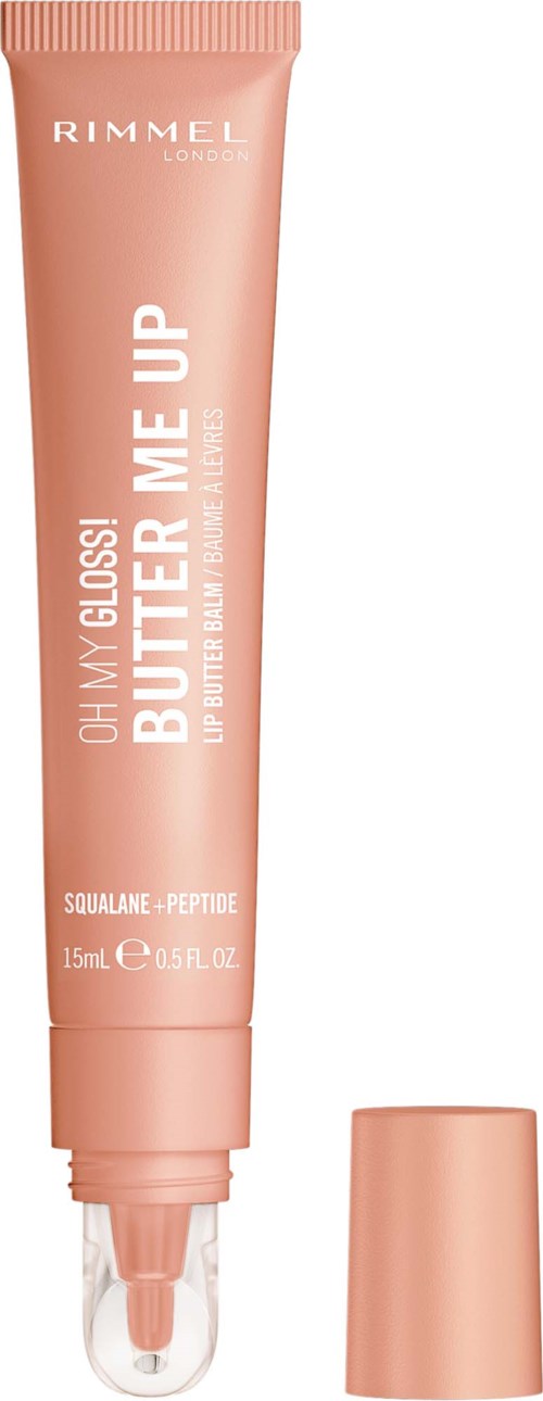 Läppprimer i ett rosa rör med en klar applikatorspets, märkt Rimmel, 15 ml, för att förstärka läppsminkning.