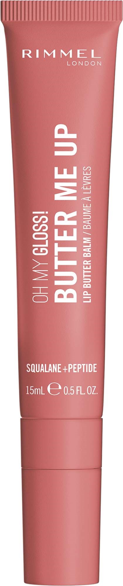 Rödaktig tub med läppbalsam, vitt text och Rimmel London-logga.