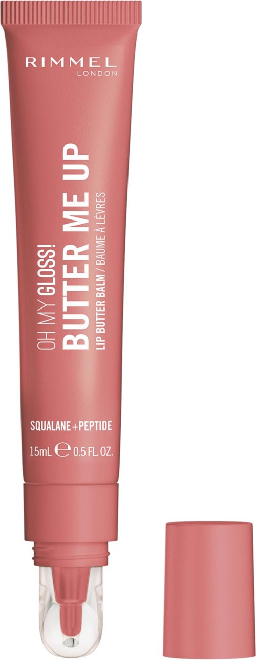Läppprimer i rosa rör med vitt text, utan lock, visar applikator, nämner ingredienser som squalane och peptider.