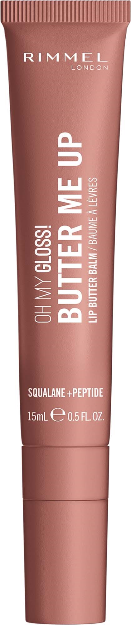 Lipglansrör i rosa med vitt text, märkt Rimmel London Oh My Gloss! Butter Me Up.