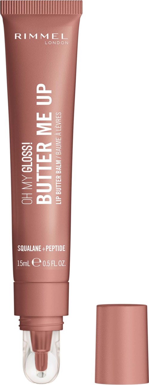 Rimmel London läppbalsam i mat rosa förpackning med genomskinlig lock, märkt 'Butter Me Up' med ingredienser.