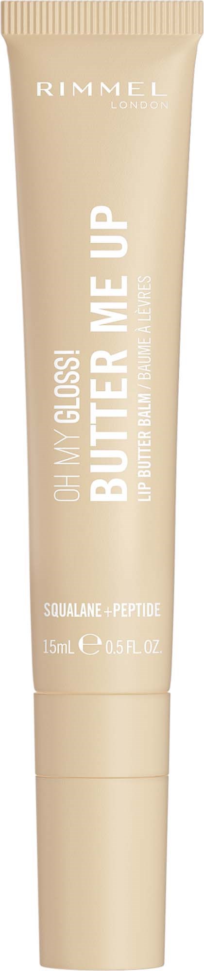 En beige tub av Rimmel Oh My Gloss Butter Me Up läppglans med vit text och guldlock.