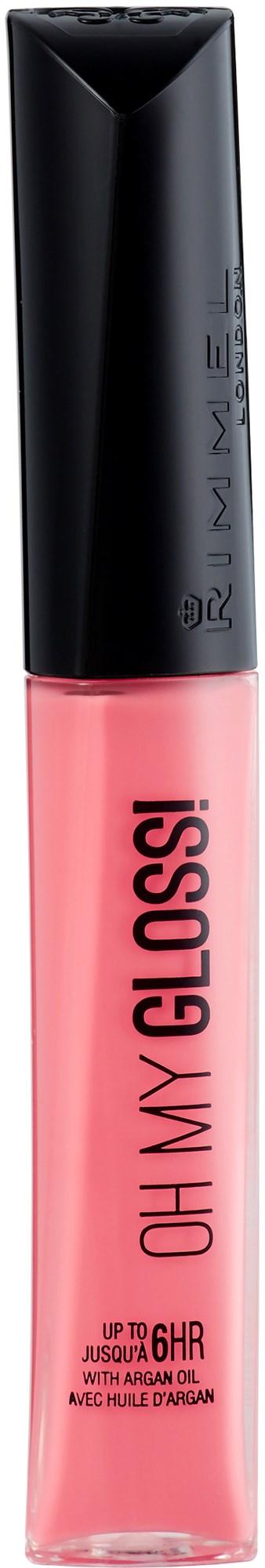 A pink lip gloss tube with a black cap and the words "OH MY GLOSS!" written on it.