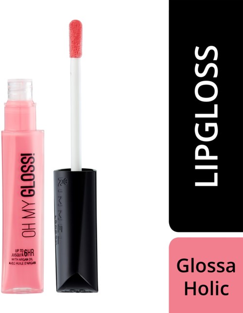 Lip gloss bottle with a pink applicator, and the word 'LIPGLOSS' in bold on a black background.